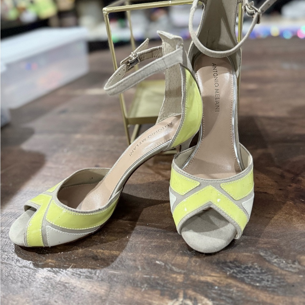 ANTONIO MELANI Yellow and Beige Suede Open-Toe Ankle-Strap Heels